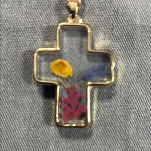 Gold and Yellow Cross Necklace with Botanical Design